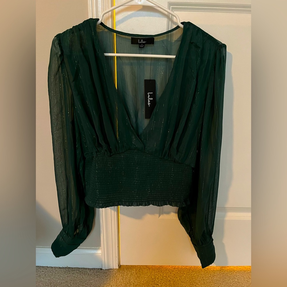 Lulu’s Women’s Shimmering Sophistication Emerald Lurex Smocked Long Sleeve Top